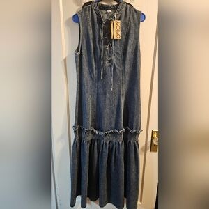 NWT OYROSY Sleeveless Lace-Up Denim Maxi Dress in Dark Wash. L.